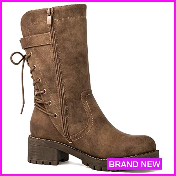 Lace Up Biker Boots Mid Calf Combat Motorcycle Fashion Festival Riding - Picture 3 of 7